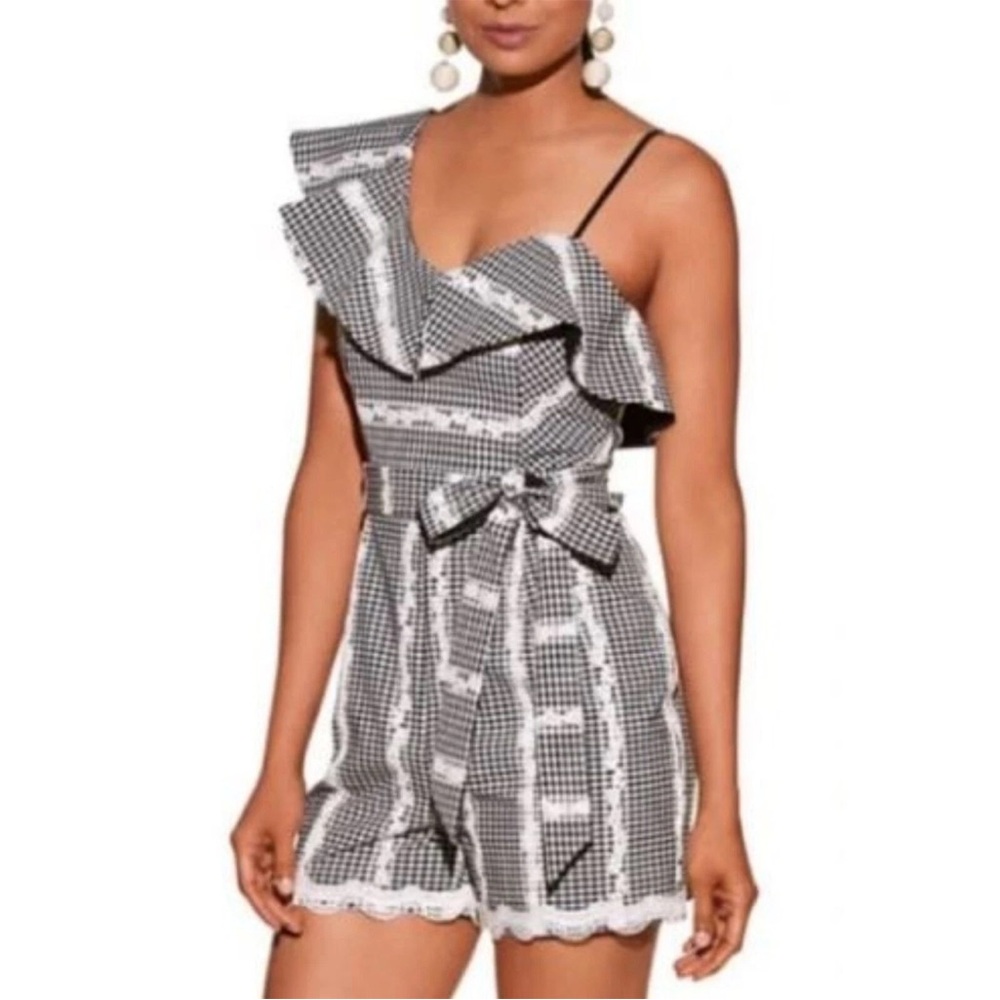 Adelyn Rae One Shoulder Gingham Checkered Ruffled Romper XS - Picture 5 of 13
